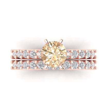 1.66 cttw Round Cut Natural Morganite Bridal Set - Solid Rose Gold Engagement Ring & Wedding Band