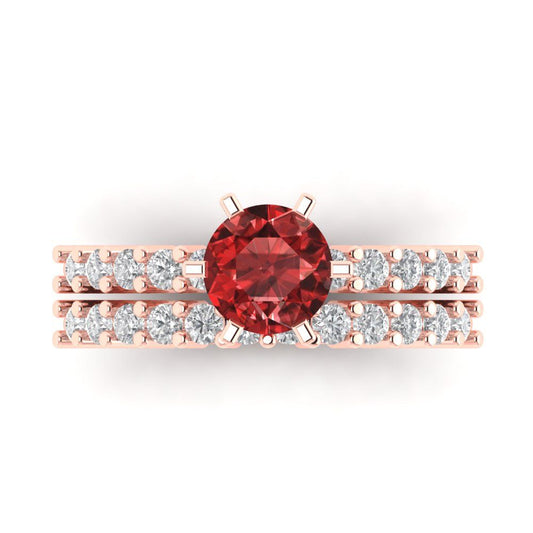 1.66 cttw Round Cut Natural Garnet Bridal Set - Solid Rose Gold Engagement Ring & Wedding Band