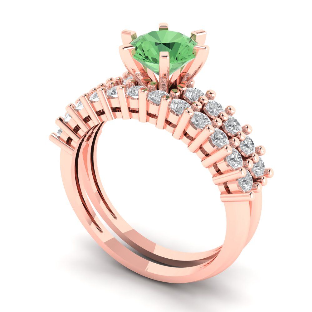 1.66 cttw Round Cut Simulated Green Diamond Bridal Set - Solid Rose Gold Engagement Ring & Wedding Band
