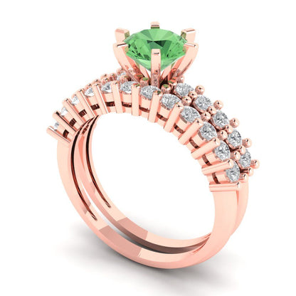 1.66 cttw Round Cut Simulated Green Diamond Bridal Set - Solid Rose Gold Engagement Ring & Wedding Band