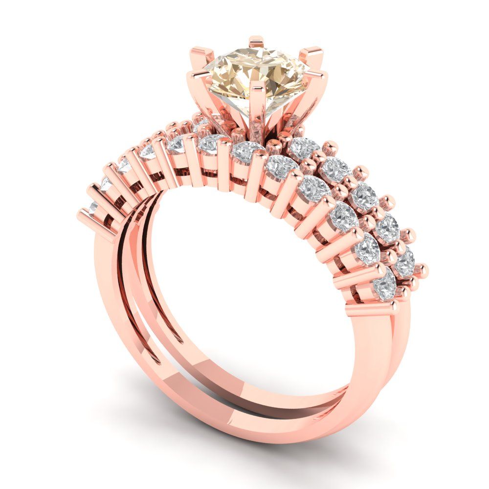 1.66 cttw Round Cut Natural Morganite Bridal Set - Solid Rose Gold Engagement Ring & Wedding Band