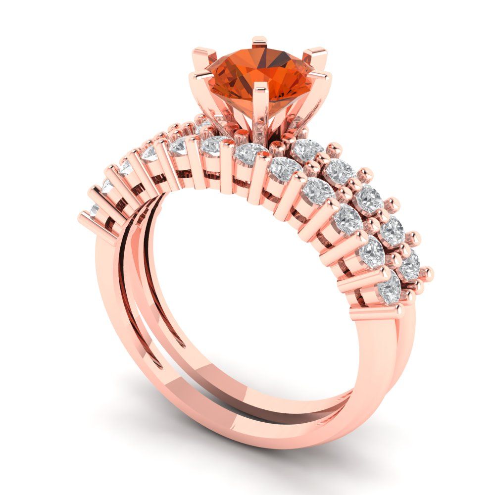 1.66 cttw Round Cut Simulated Red Diamond Bridal Set - Solid Rose Gold Engagement Ring & Wedding Band