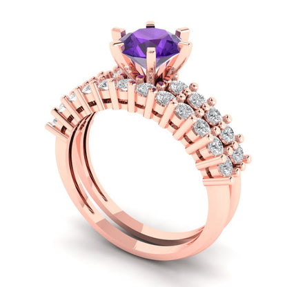 1.66 cttw Round Cut Natural Amethyst Bridal Set - Solid Rose Gold Engagement Ring & Wedding Band