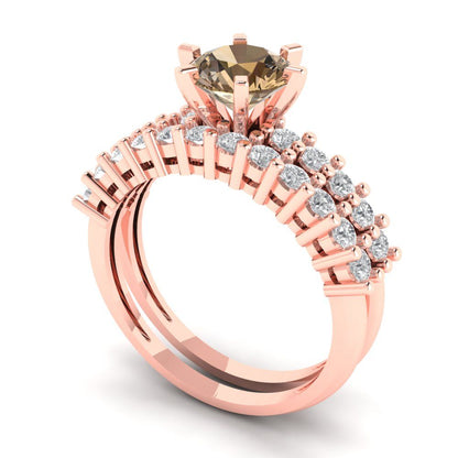 1.66 cttw Round Cut Simulated Champagne Diamond Bridal Set - Solid Rose Gold Engagement Ring & Wedding Band