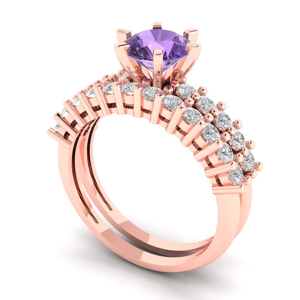 1.66 cttw Round Cut Simulated Alexandrite Bridal Set - Solid Rose Gold Engagement Ring & Wedding Band