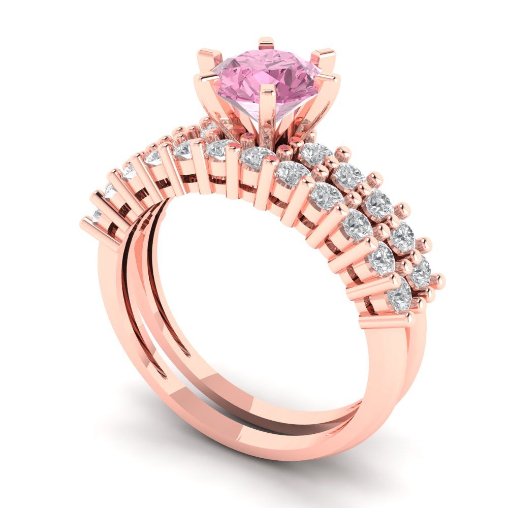 1.66 cttw Round Cut Simulated Pink Diamond Bridal Set - Solid Rose Gold Engagement Ring & Wedding Band