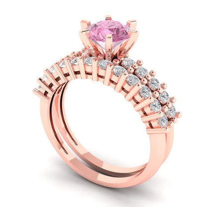 1.66 cttw Round Cut Simulated Pink Diamond Bridal Set - Solid Rose Gold Engagement Ring & Wedding Band