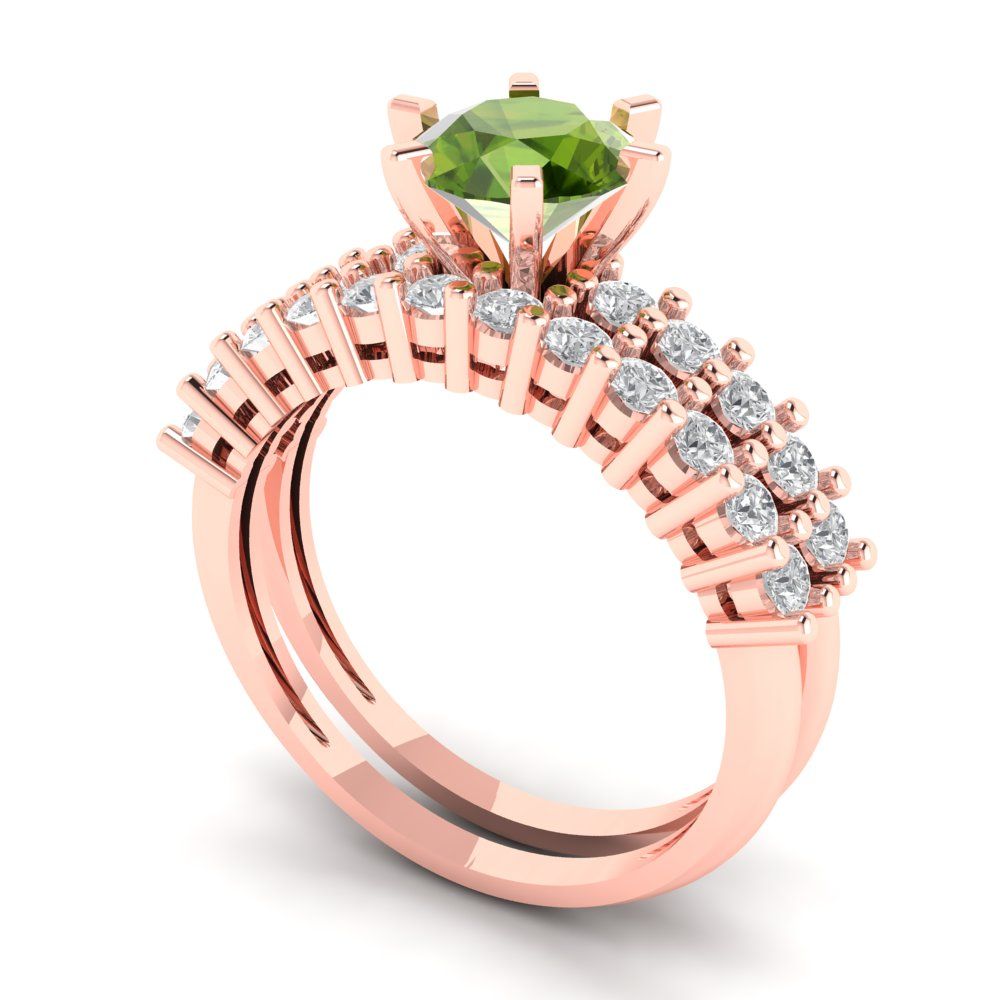 1.66 cttw Round Cut Natural Peridot Bridal Set - Solid Rose Gold Engagement Ring & Wedding Band