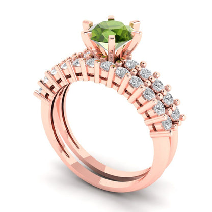 1.66 cttw Round Cut Natural Peridot Bridal Set - Solid Rose Gold Engagement Ring & Wedding Band