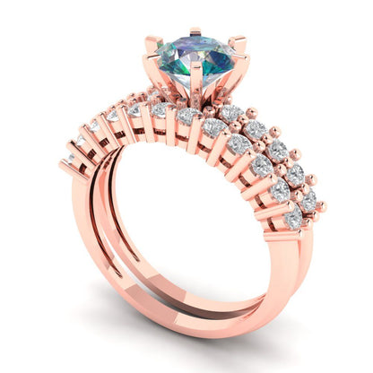 1.66 cttw Round Cut Blue Moissanite Bridal Set - Solid Rose Gold Engagement Ring & Wedding Band