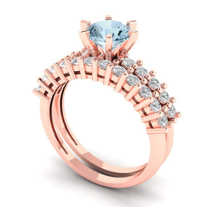 1.66 cttw Round Cut Natural Aquamarine Bridal Set - Solid Rose Gold Engagement Ring & Wedding Band