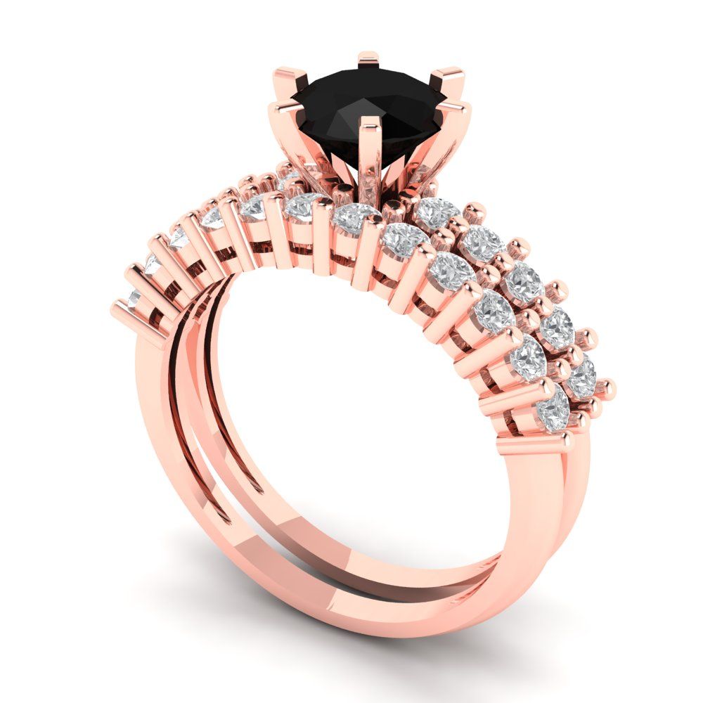 1.66 cttw Round Cut Natural Onyx Bridal Set - Solid Rose Gold Engagement Ring & Wedding Band