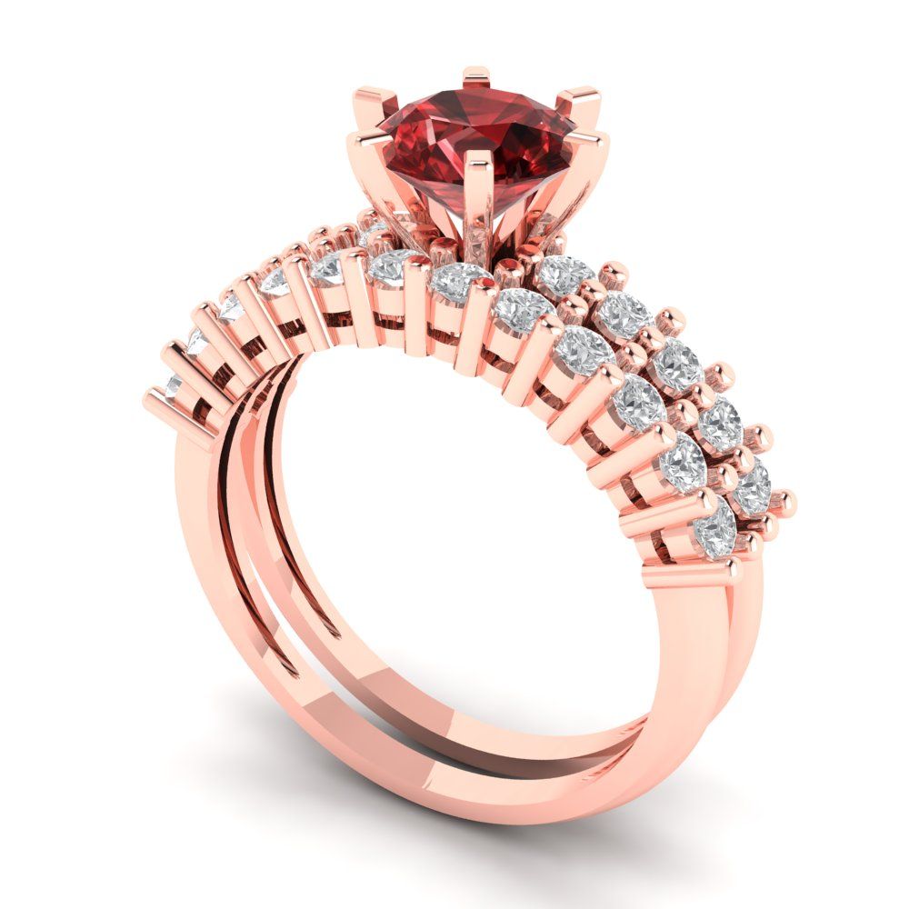 1.66 cttw Round Cut Natural Garnet Bridal Set - Solid Rose Gold Engagement Ring & Wedding Band