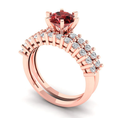 1.66 cttw Round Cut Natural Garnet Bridal Set - Solid Rose Gold Engagement Ring & Wedding Band