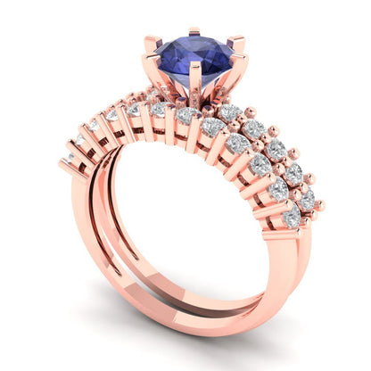 1.66 cttw Round Cut Simulated Tanzanite Bridal Set - Solid Rose Gold Engagement Ring & Wedding Band