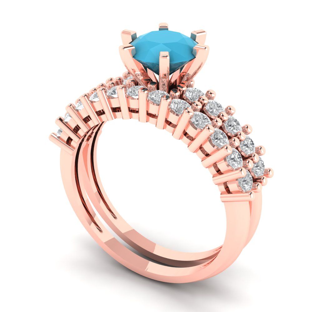 1.66 cttw Round Cut Simulated Turquoise Bridal Set - Solid Rose Gold Engagement Ring & Wedding Band