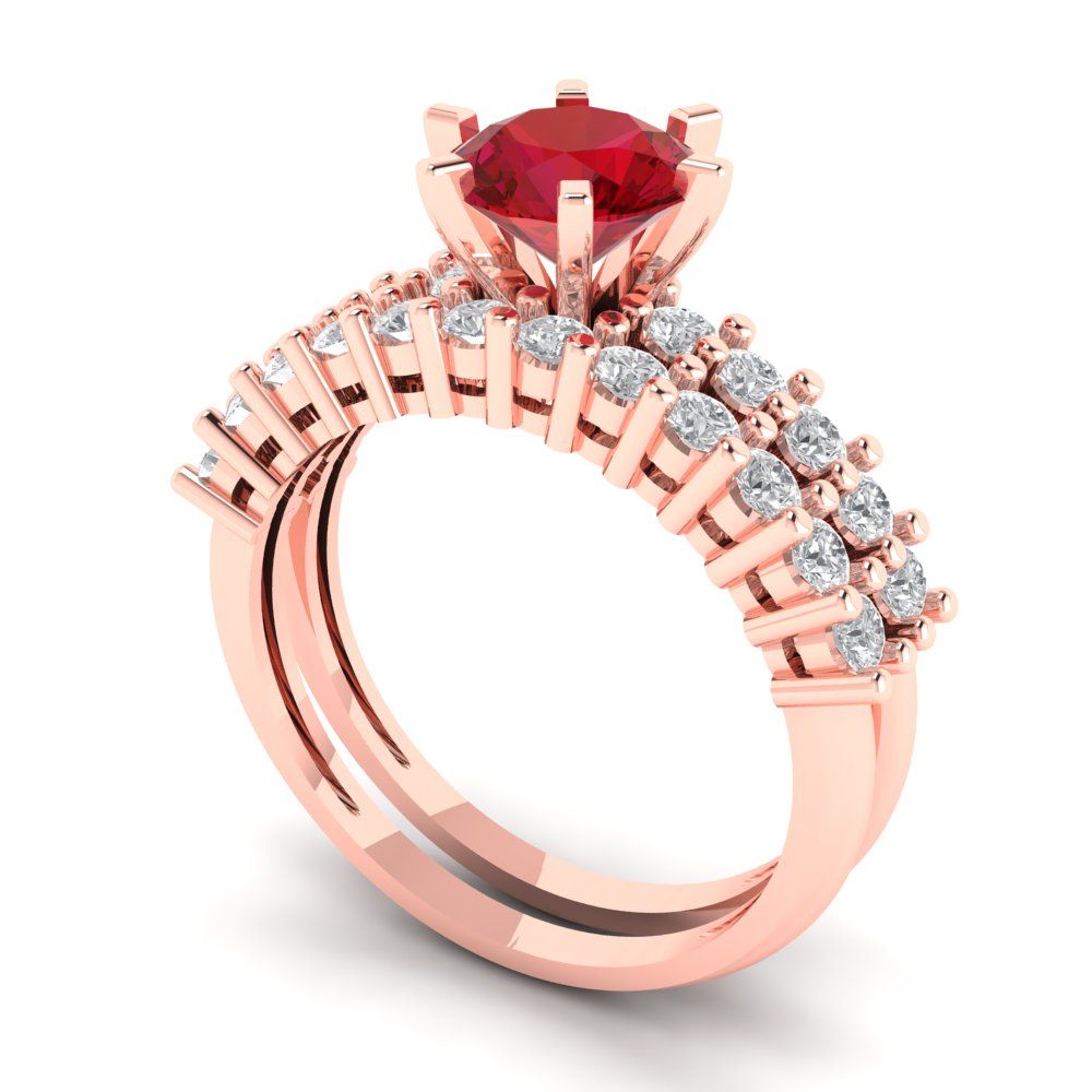 1.66 cttw Round Cut Simulated Ruby Bridal Set - Solid Rose Gold Engagement Ring & Wedding Band