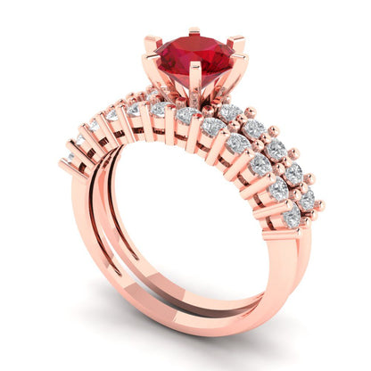 1.66 cttw Round Cut Simulated Ruby Bridal Set - Solid Rose Gold Engagement Ring & Wedding Band