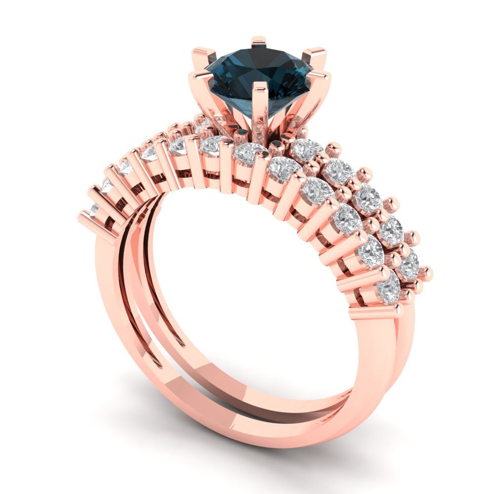1.66 cttw Round Cut Natural London Blue Topaz Bridal Set - Solid Rose Gold Engagement Ring & Wedding Band