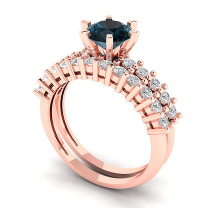 1.66 cttw Round Cut Natural London Blue Topaz Bridal Set - Solid Rose Gold Engagement Ring & Wedding Band