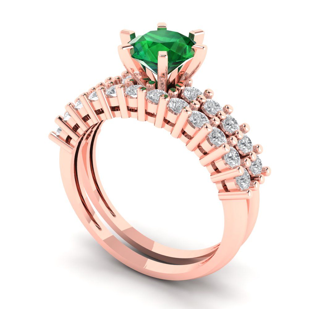 1.66 cttw Round Cut Simulated Emerald Bridal Set - Solid Rose Gold Engagement Ring & Wedding Band