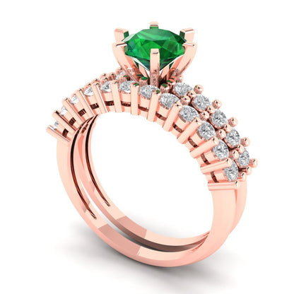 1.66 cttw Round Cut Simulated Emerald Bridal Set - Solid Rose Gold Engagement Ring & Wedding Band