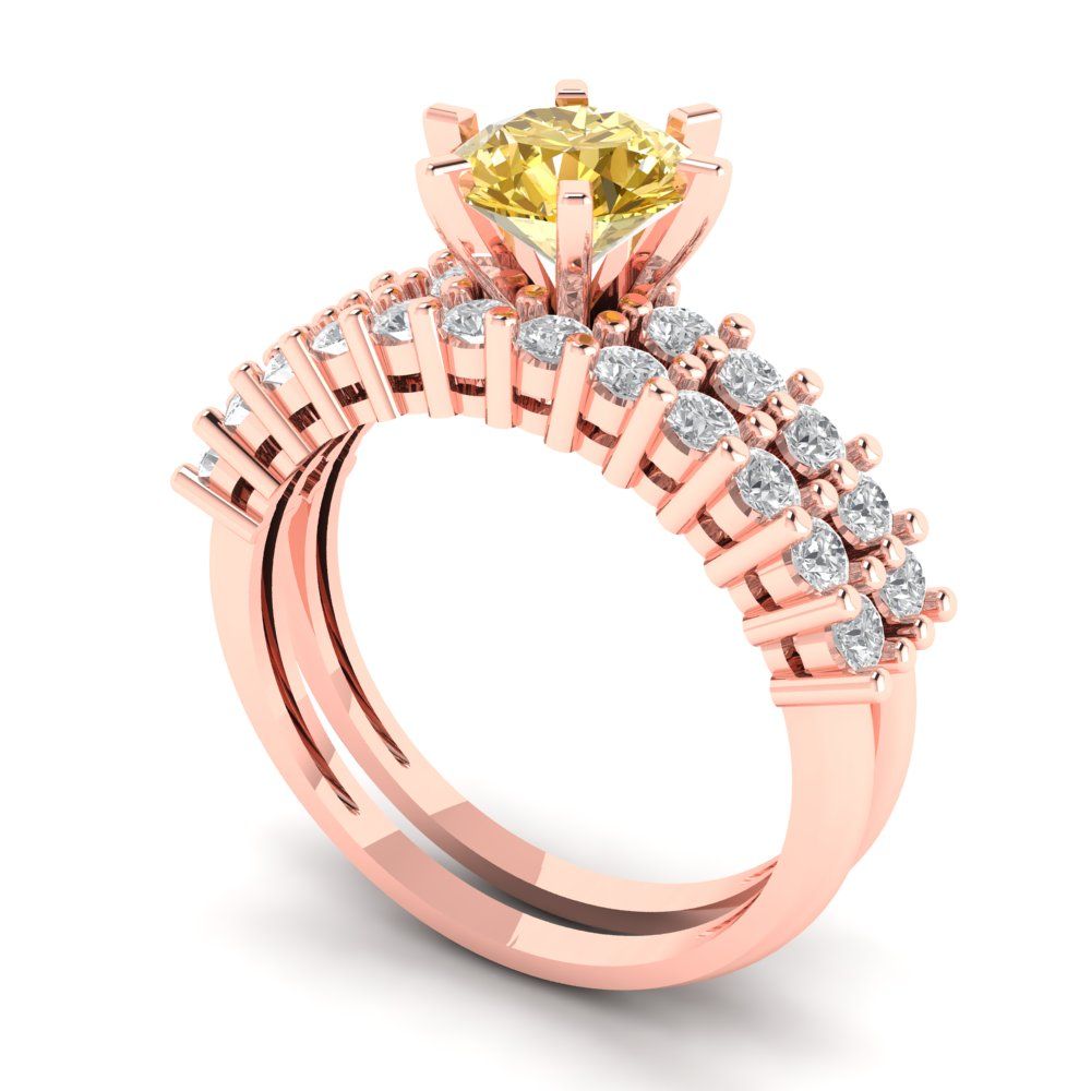1.66 cttw Round Cut Yellow Moissanite Bridal Set - Solid Rose Gold Engagement Ring & Wedding Band