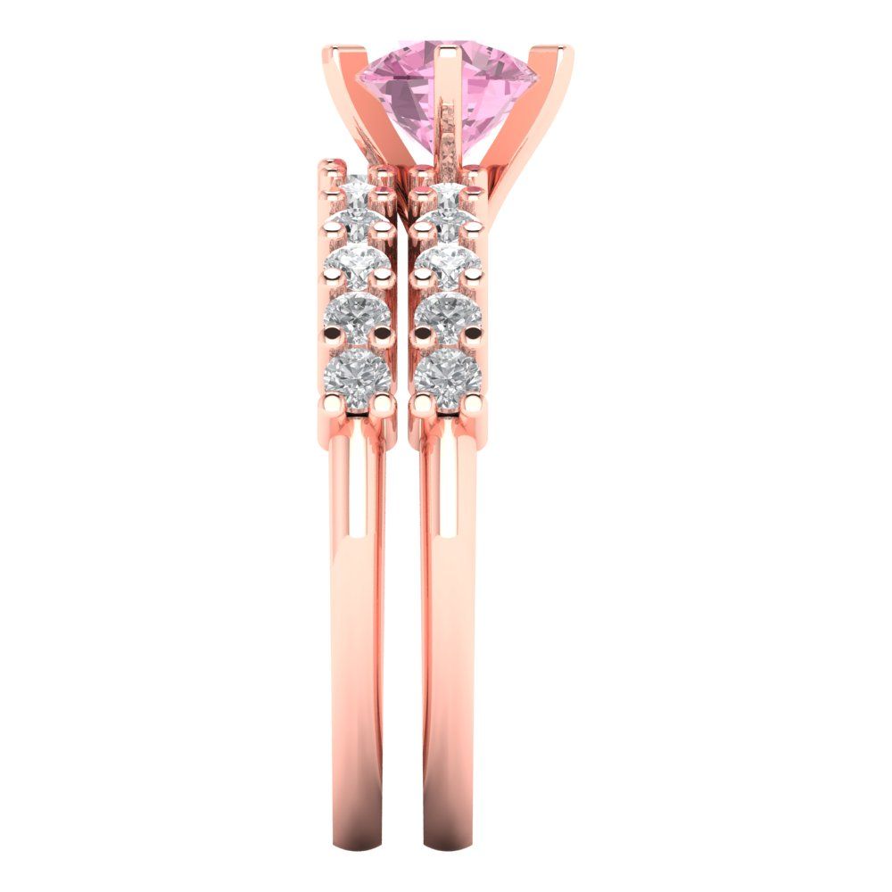 1.66 cttw Round Cut Simulated Pink Diamond Bridal Set - Solid Rose Gold Engagement Ring & Wedding Band