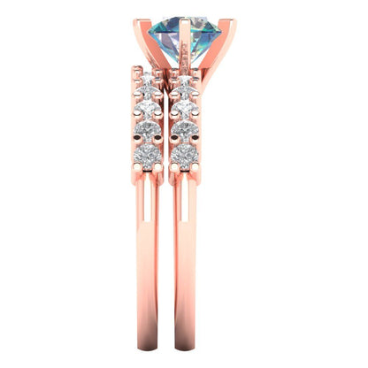 1.66 cttw Round Cut Blue Moissanite Bridal Set - Solid Rose Gold Engagement Ring & Wedding Band
