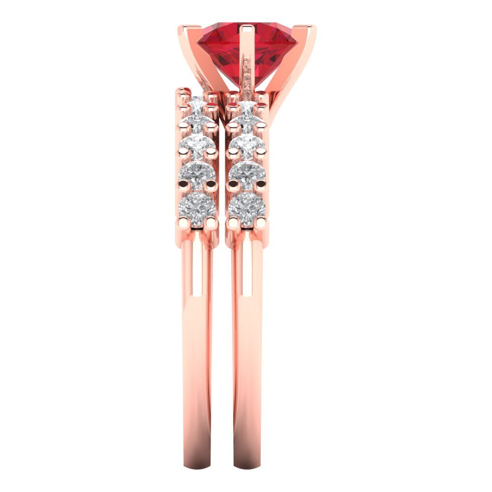1.66 cttw Round Cut Simulated Ruby Bridal Set - Solid Rose Gold Engagement Ring & Wedding Band