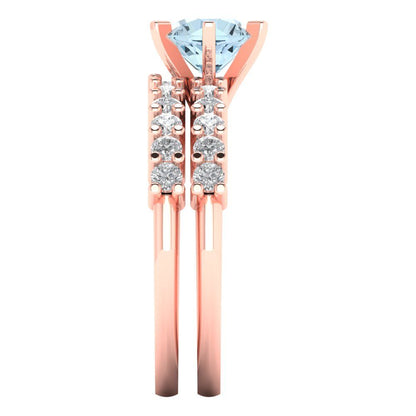 1.66 cttw Round Cut Natural Aquamarine Bridal Set - Solid Rose Gold Engagement Ring & Wedding Band