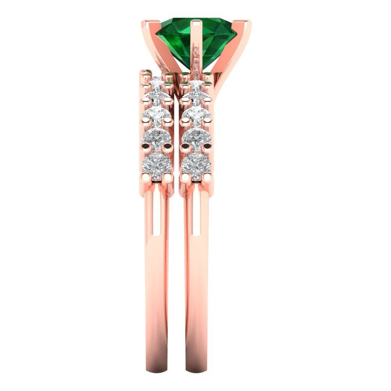 1.66 ct Brilliant Round Cut Simulated Emerald Stone Rose Gold Solitaire with Accents Bridal Set