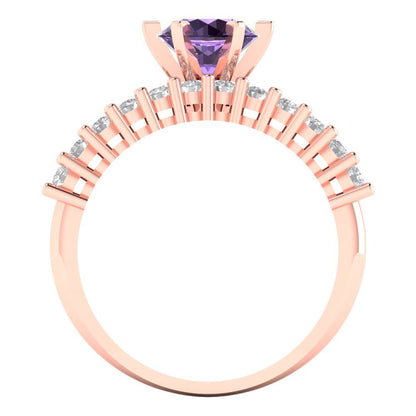 1.66 cttw Round Cut Simulated Alexandrite Bridal Set - Solid Rose Gold Engagement Ring & Wedding Band