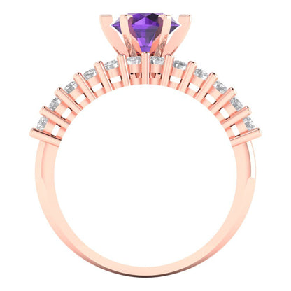 1.66 cttw Round Cut Natural Amethyst Bridal Set - Solid Rose Gold Engagement Ring & Wedding Band
