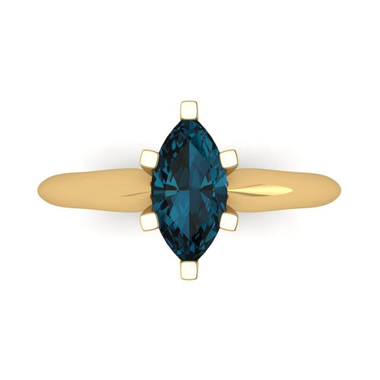 1 cttw Natural London Blue Topaz Solitaire  Engagement Ring - Solid Yellow Gold (VVS1, Marquise Cut,10x5mm)