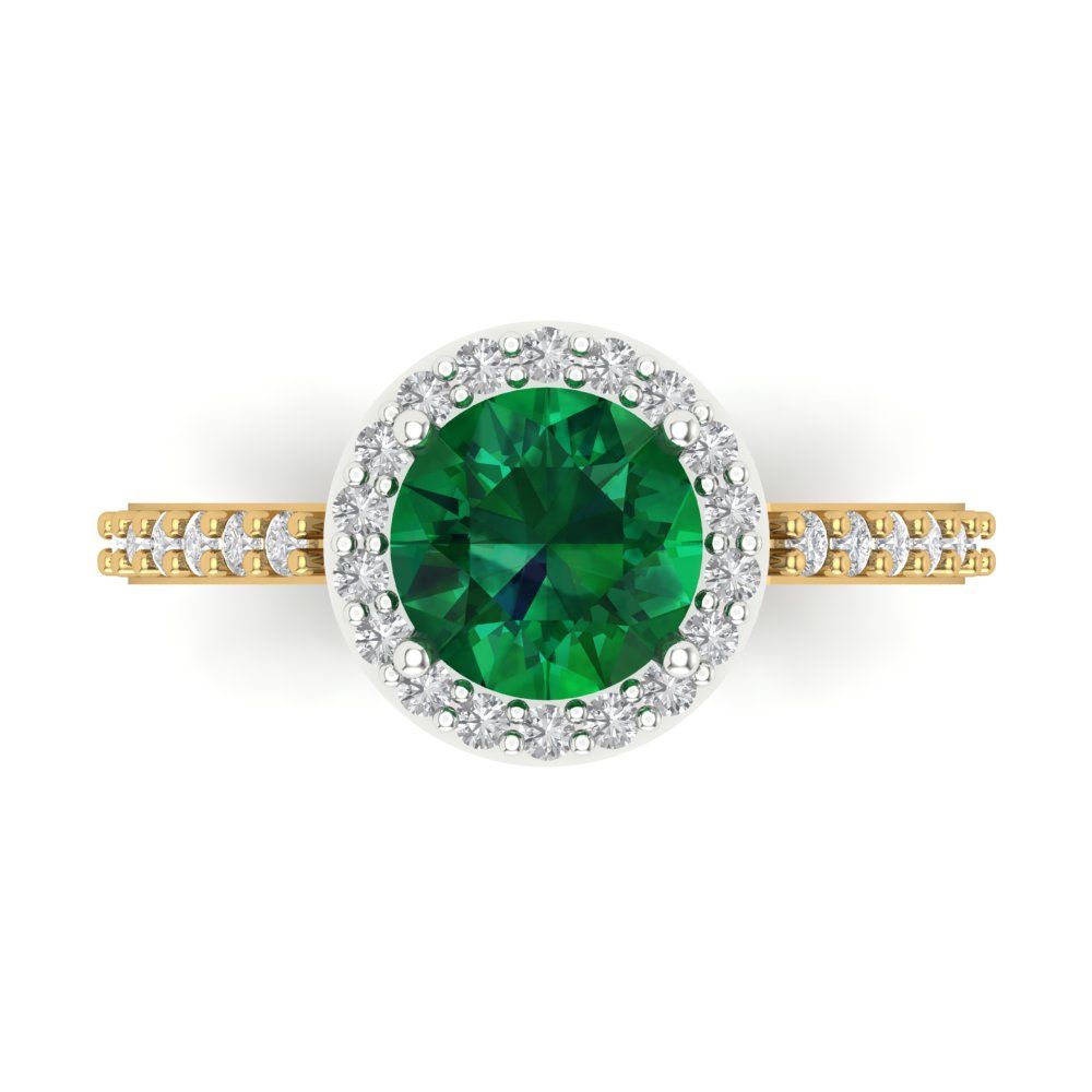 1.86 cttw Simulated Emerald Hidden Halo Engagement Ring - Solid White/Yellow Gold (VVS1, Round Cut,7.5mm)