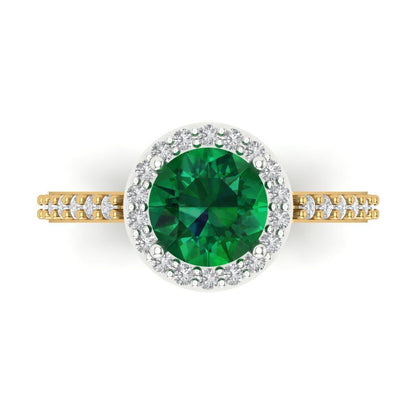 1.86 cttw Simulated Emerald Hidden Halo Engagement Ring - Solid White/Yellow Gold (VVS1, Round Cut,7.5mm)