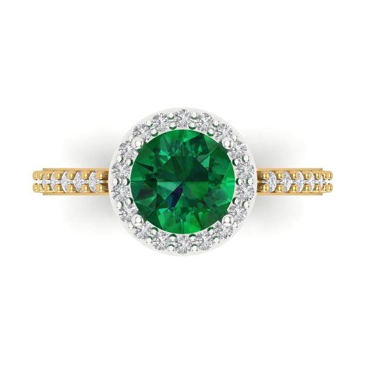 1.86 cttw Simulated Emerald Hidden Halo Engagement Ring - Solid White/Yellow Gold (VVS1, Round Cut,7.5mm)