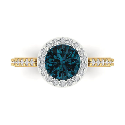 1.86 cttw Natural London Blue Topaz Hidden Halo Engagement Ring - Solid Gold (Round Cut,7.5mm)