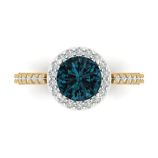 1.86 cttw Natural London Blue Topaz Hidden Halo Engagement Ring - Solid White/Yellow Gold (VVS1, Round Cut,7.5mm)