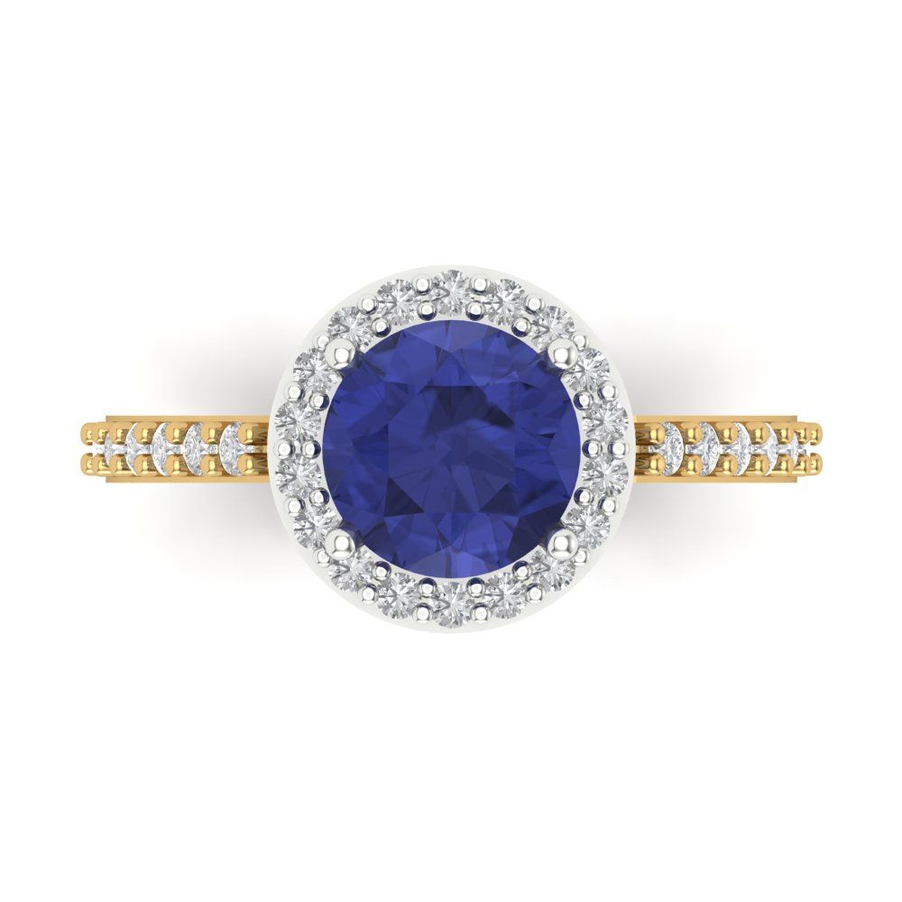 1.86 cttw Simulated Tanzanite Hidden Halo Engagement Ring - Solid White/Yellow Gold (VVS1, Round Cut,7.5mm)
