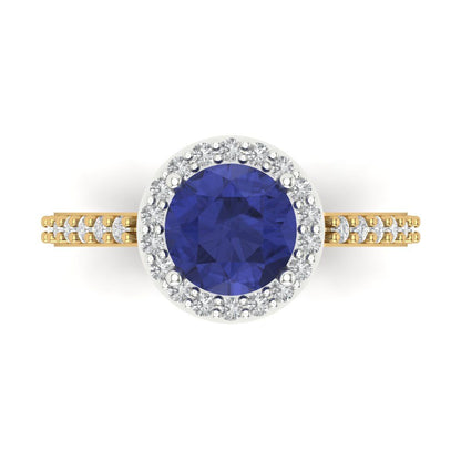 1.86 cttw Simulated Tanzanite Hidden Halo Engagement Ring - Solid White/Yellow Gold (VVS1, Round Cut,7.5mm)