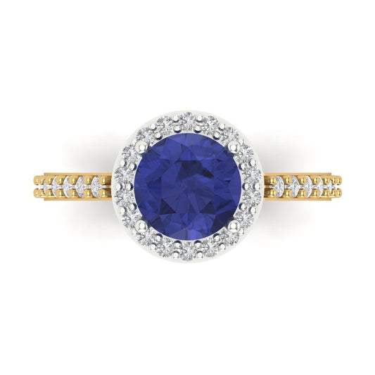 1.86 cttw Simulated Tanzanite Hidden Halo Engagement Ring - Solid White/Yellow Gold (VVS1, Round Cut,7.5mm)