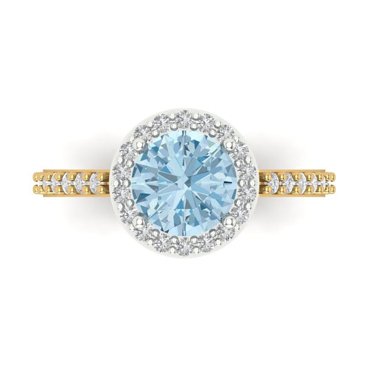 1.86 cttw Zirconia Simulated Blue Diamond Hidden Halo Engagement Ring - Solid White/Yellow Gold (VVS1, Round Cut,7.5mm)