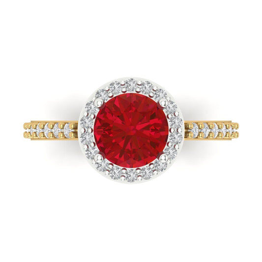 1.86 cttw Simulated Ruby Hidden Halo Engagement Ring - Solid White/Yellow Gold (VVS1, Round Cut,7.5mm)