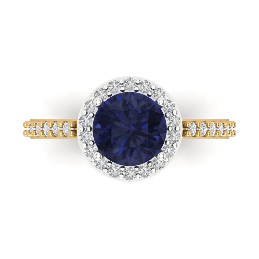 1.86 cttw Simulated Blue Sapphire Hidden Halo Engagement Ring - Solid Gold (Round Cut,7.5mm)