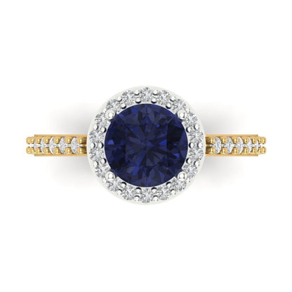 1.86 cttw Simulated Blue Sapphire Hidden Halo Engagement Ring - Solid Gold (Round Cut,7.5mm)