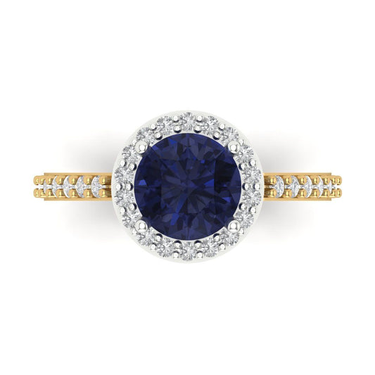 1.86 cttw Simulated Blue Sapphire Hidden Halo Engagement Ring - Solid White/Yellow Gold (VVS1, Round Cut,7.5mm)