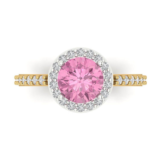 1.86 cttw Zirconia Simulated Pink Diamond Hidden Halo Engagement Ring - Solid White/Yellow Gold (VVS1, Round Cut,7.5mm)
