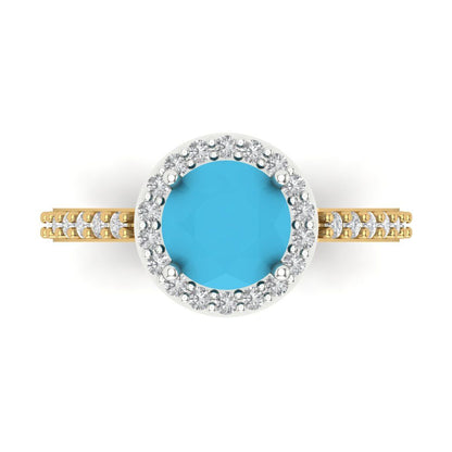 1.86 cttw Simulated Turquoise Hidden Halo Engagement Ring - Solid White/Yellow Gold (VVS1, Round Cut,7.5mm)
